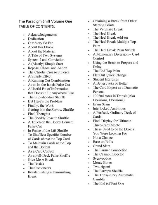 table of contents - The paradigm Shift ebook